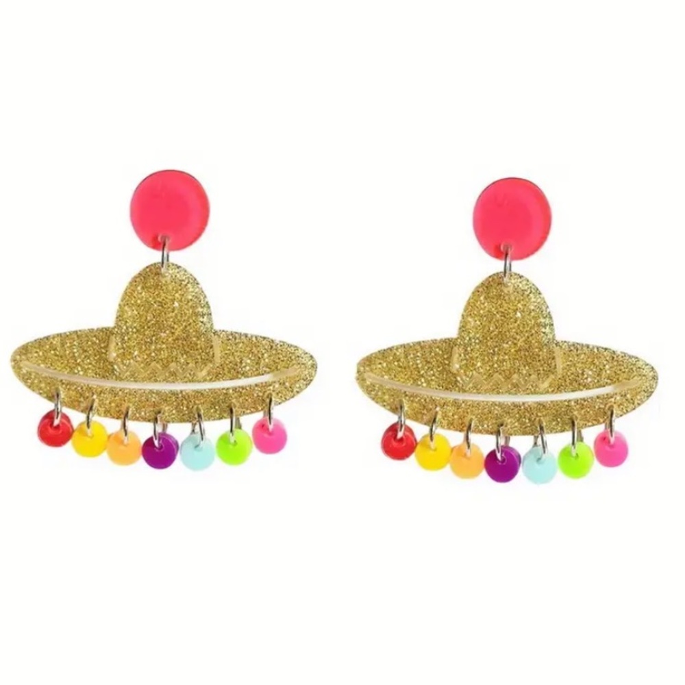 Acrylic cinco de Mayo sombrero party gold and multicolor stud women earrings nwt